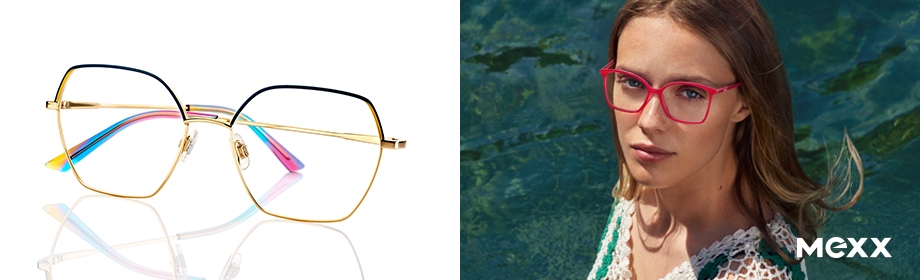 Eine goldene / grüne Mexx Brille liegt auf einem hellen Untergrund.
