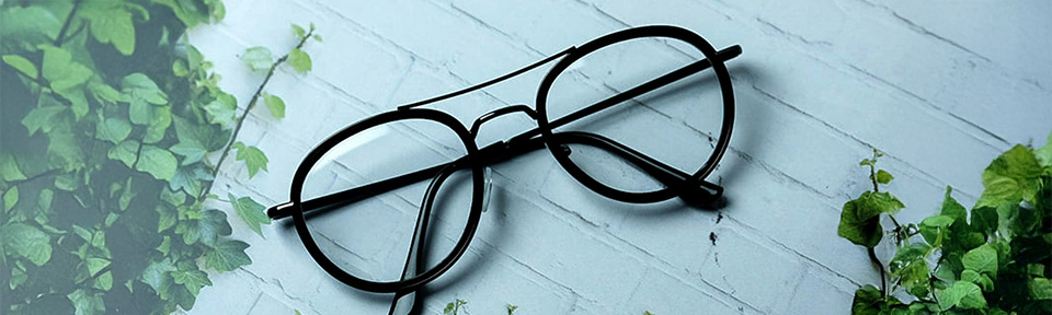 Schwarze Brille mit Doppelsteg liegt auf einem weißen Ziegelhintergrund, umgeben von grünem Blattwerk – eine Verbindung von modernem Design und Natur.
