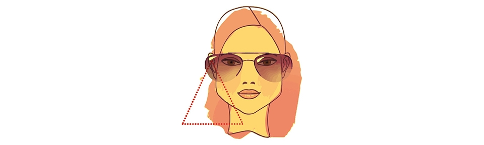 Zeichnung einer Frau mit modischer Sonnenbrille, deren Gesichtsform durch ein rotes Dreieck betont wird
