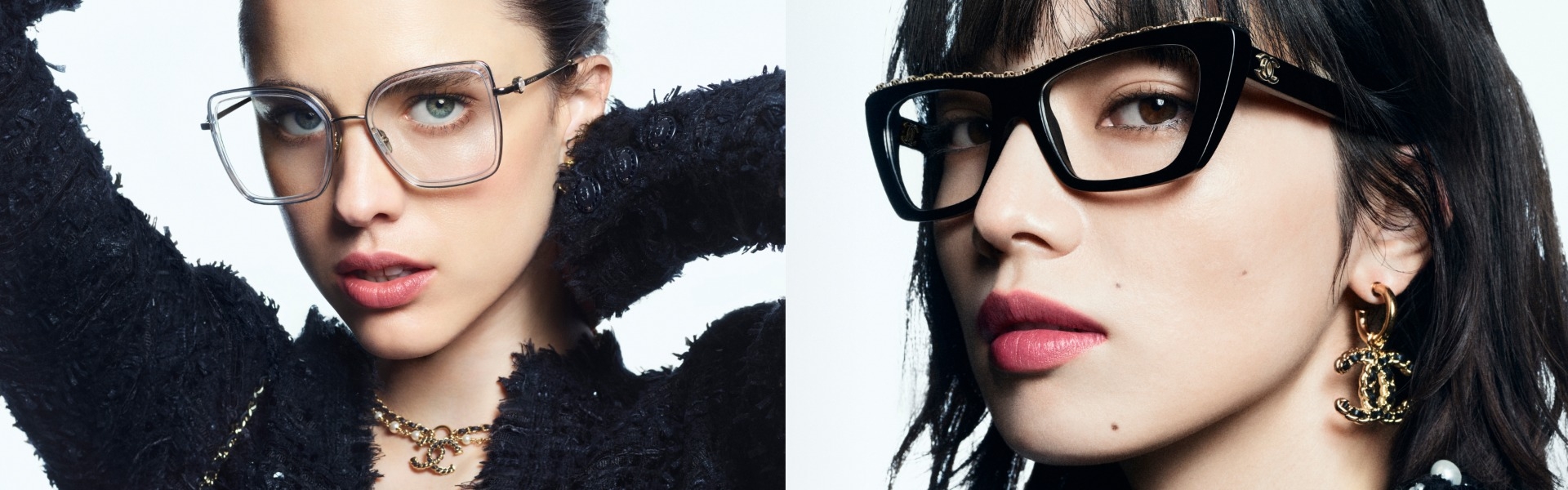 Modeporträt einer Frau mit auffälliger Designerbrille in glamouröser Retro-Ästhetik.