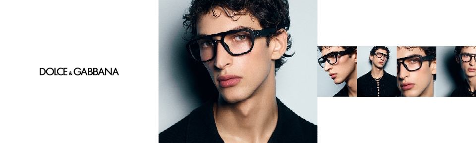 Werbekampagne von Dolce & Gabbana mit einem jungen Mann, der eine markante, schwarze Korrektionsbrille trägt. Mehrere Portraits zeigen ihn aus verschiedenen Blickwinkeln.