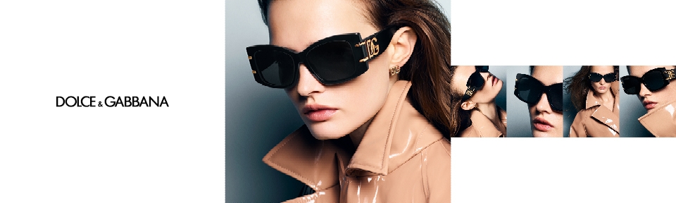 Werbemotiv von Dolce & Gabbana mit einer stilvollen Frau in beigefarbenem Mantel und großer, schwarzer Sonnenbrille mit goldenen DG-Details. Die Collage zeigt verschiedene Nahaufnahmen.