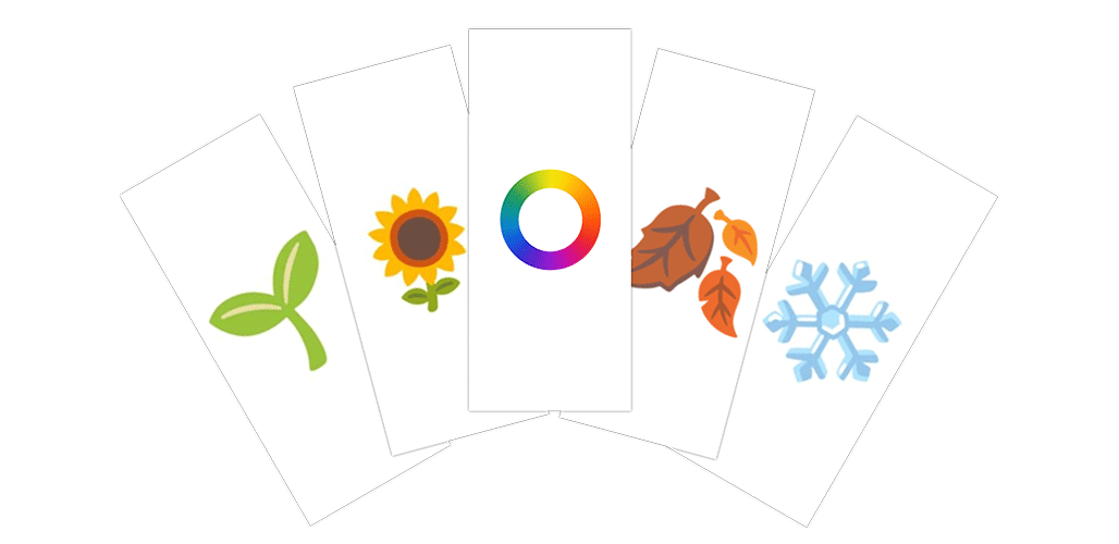 5 Karten - 4 Davon mit Emojis, welche für eine Jahreszeit stehen plus ein Farbkreis.